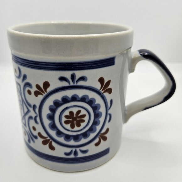 Ceramic Coffee Cup Mug Hand Painted Japan 4” tall Navy Blue Deep Red Vintage - Picture 1 of 6